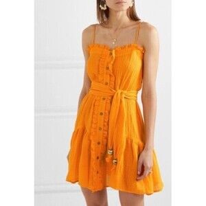 LISA MARIE FERNANDEZ Dress Sz 0 Orange Gauze Square Neck Mini Ruffled Spaghetti